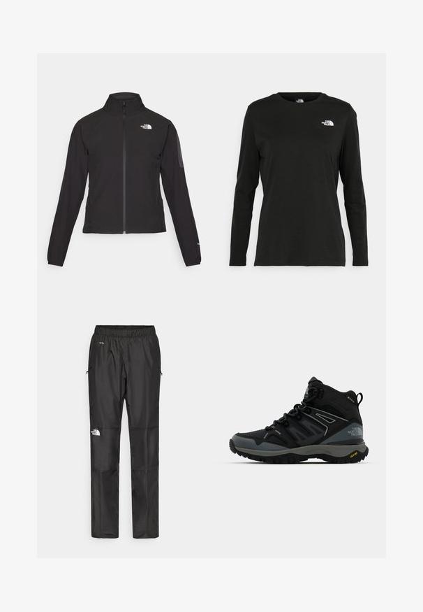 Casaco preto com fecho zip e gola alta, em tecido texturizado, com logo no lado esquerdo do peito. Apresenta mangas longas e um design ajustado.; T-shirt preto de mangas longas, feito de algodão, com decote redondo. Apresenta um pequeno logótipo branco na área esquerda do peito. Design simples e ajuste confortável.; Calças pretas à prova d'água feitas de um tecido leve, com cintura elástica, bolsos laterais e um logótipo na perna esquerda.; Bota de caminhada de altura média em preto e cinza. Apresenta um cabedal texturizado, biqueira reforçada e sola Vibram para tração. Design leve.
