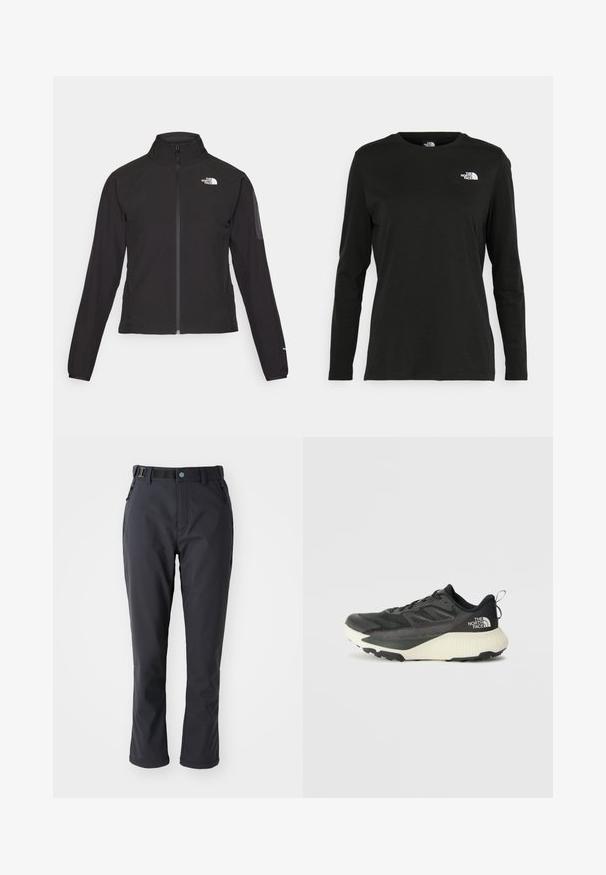 Mustmustabiga must jakk, millel on kõrge krae, tekstureeritud kangas ja logo vasakul rinnal. Omab pikki varrukaid ja sobivat disaini.; Must mustahiheline T-särk, millel on pikad varrukad, valmistatud puuvillast ja ümarast kaelusest. Vasakul rinnal on väike valge logo. Lihtne disain ja sobivus.; Columbia LEADER CREST™ PANT - Õuepüksid - black; Musty mustusjalats musta pealisega, millel on tekstuur, hallid aktsendid ja valge vaheosa. Sisaldab tõmbeosa ning silmapaistvat brändi logo kandadel.