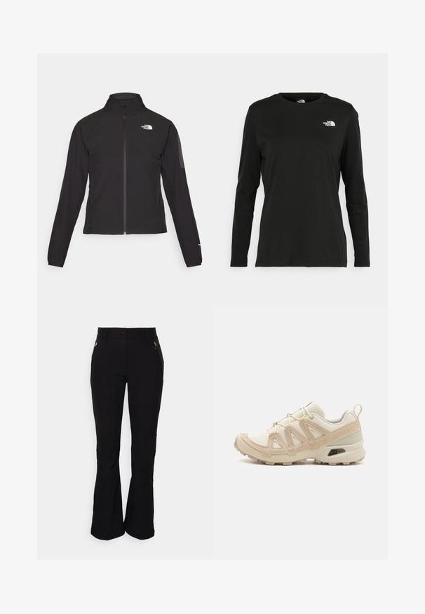 Black zip-up jacket with a high collar, textured fabric, and logo on the left chest. Features long sleeves and a fitted design.; Black long-sleeve t-shirt made of cotton with a round neck. Features a small white logo on the left chest area. Simple design and fit.; Black pants with a fitted waist, two zippered front pockets, and flared bottoms. Smooth, stretchy fabric with subtle stitching details.; Beige and cream athletic shoe with textured mesh upper, supportive overlays, and rubber outsole featuring a tread pattern for traction.