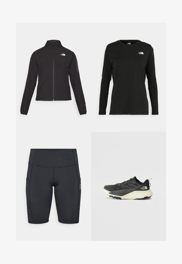 Juodas zip-up švarkas su aukšta apykakle, tekstūruotu audiniu ir logotipu kairėje krūtinės pusėje. Pasižymi ilgu rankovėmis ir prigludusia forma.; Juodas ilgomis rankovėmis medvilninis marškinėliai su apvali apykakle. Savybė - mažas baltas logotipas kairėje krūtinės pusėje. Paprastas dizainas ir pritaikymas.; Juodi dviračių šortai, pagaminti iš elastingos medžiagos; turi šonines kišenes, aukštą liemenį ir plokščias siūles, užtikrinančias komfortą ir patvarumą.; Juodas sportinis batas su tekstūruota viršutine dalimi, su pilkomis detalėmis ir baltu viduriu. Apima pakėlimo juostelę ir ryškų prekės ženklo logotipą ant kulno.