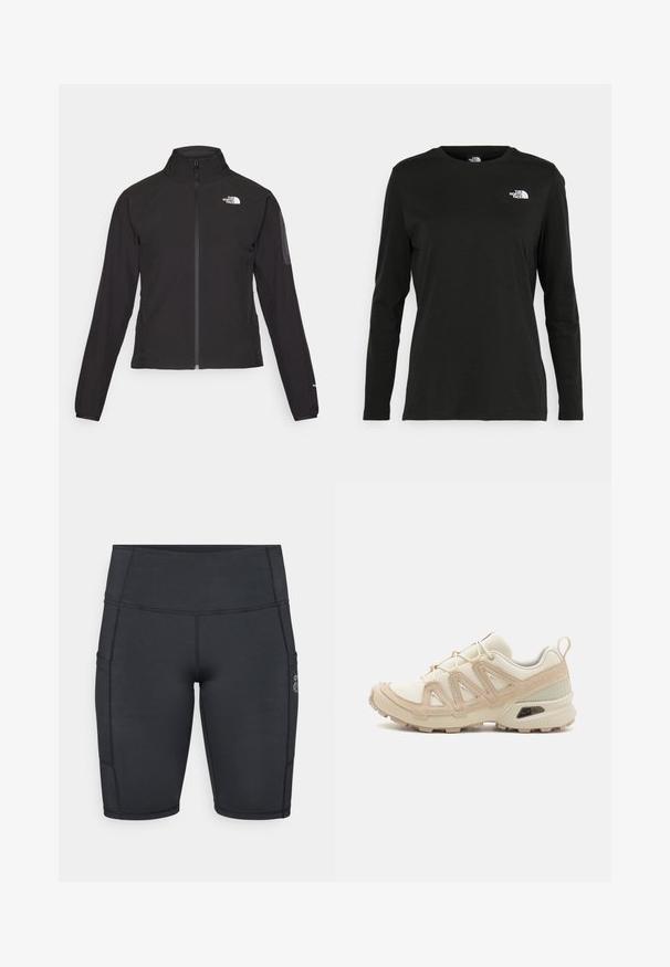 Czarna kurtka zapinana na zamek z wysokim kołnierzem, teksturowana tkanina i logo na lewej piersi. Posiada długie rękawy i dopasowany krój.; Czarna koszulka z długim rękawem z bawełny z okrągłym dekoltem. Posiada niewielkie białe logo po lewej stronie na piersi. Prosty design i fason.; Czarne spodenki rowerowe wykonane z elastycznej tkaniny; posiadają kieszenie boczne, wysoki pas oraz płaskie szwy dla komfortu i trwałości.; Beżowe i kremowe buty sportowe z teksturowanej siateczki, wspierającymi nakładkami oraz gumową podeszwą z wzorem bieżnika zapewniającym przyczepność.
