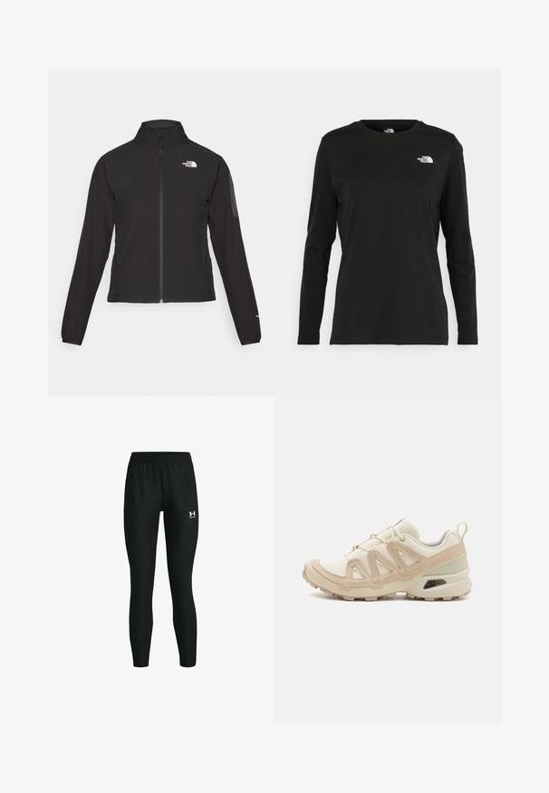 Zwarte zip-up jas met een hoge kraag, textuurstof en een logo op de linker borst. Beschikt over lange mouwen en een slim fit ontwerp.; Zwart langsluiting T-shirt van katoen met een ronde hals. Heeft een klein wit logo op de linkerkant van de borst. Eenvoudig ontwerp en pasvorm.; Zwarte sportlegging met een elastische tailleband, met een aansluitende pasvorm en een klein wit logo op de linker kuit. Glad textuur.; Beige en crème sportschoen met een textuur-mesh bovenwerk, ondersteunende overlays en een rubberen zool met een profielpatroon voor grip.