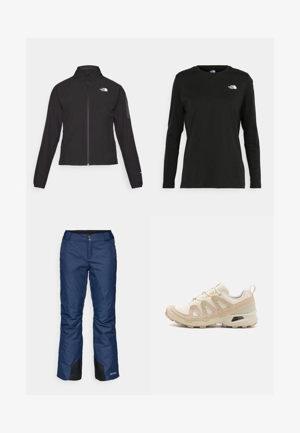Schwarze Zip-Jacke mit hohem Kragen, strukturiertem Stoff und Logo auf der linken Brust. Verfügt über lange Ärmel und eine taillierte Passform.; Schwarzes Langarm-T-Shirt aus Baumwolle mit Rundhalsausschnitt. Verfügt über ein kleines weißes Logo auf der linken Brustseite. Einfaches Design und Passform.; Navy isolierte Skihosen mit glatter Textur, schwarzen Akzenten an den Bündchen und einem knöpfbaren Bund mit zwei vorderen Knöpfen.; Beige und cremefarbenen Sportschuh mit strukturiertem Mesh-Obermaterial, unterstützenden Überzügen und Gummisohle mit einem Profilmuster für Bodenhaftung.