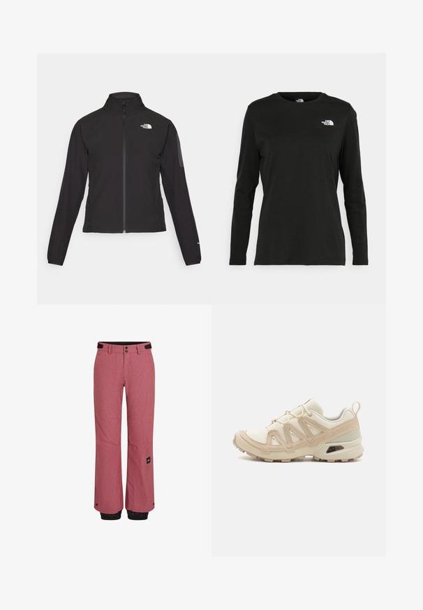 Sort zip-jacket med høj krave, struktureret stof og logo på venstre bryst. Har lange ærmer og en tætsiddende design.; Sort langærmet t-shirt lavet af bomuld med rund hals. Har et lille hvidt logo på venstre brystområde. Enkel design og pasform.; Røde skibukser med en struktureret overflade, sorte elastiske manchetter ved anklerne, forlommer og et mærke på den nederste venstre ben.; Beige og creme atletiksko med struktureret mesh-overdel, støttende overlays og gummiyderside med et mønster for trækkraft.