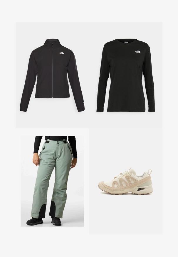 Svart zip-up jacka med hög krage, texturerat tyg och logotyp på vänster bröst. Har långa ärmar och en figursydd design.; Svart långärmad t-shirt i bomull med rund hals. Har en liten vit logotyp på vänster bröstområde. Enkelt design och passform.; Ljusgröna snöbyxor med ett vattenavvisande tyg, två sidofickor med dragkedja, midjebandknappar och svarta detaljer vid nederdelen av benen.; Beige och krämfärgad atletisk sko med texturerad meshovandel, stöttande överdrag och gummisulor med ett mönster för grepp.