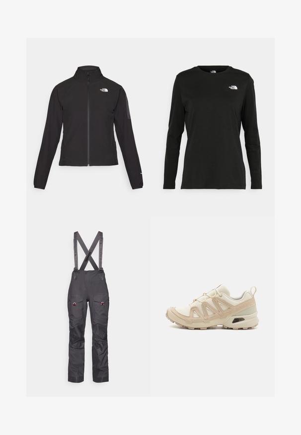 Zwarte zip-up jas met een hoge kraag, textuurstof en een logo op de linker borst. Beschikt over lange mouwen en een slim fit ontwerp.; Zwart langsluiting T-shirt van katoen met een ronde hals. Heeft een klein wit logo op de linkerkant van de borst. Eenvoudig ontwerp en pasvorm.; Zwarte waterdichte skibroeken met verstelbare bretels, versterkte knieën, meerdere zakken en contrasterende grijze straps. Duurzame stofstructuur.; Beige en crème sportschoen met een textuur-mesh bovenwerk, ondersteunende overlays en een rubberen zool met een profielpatroon voor grip.