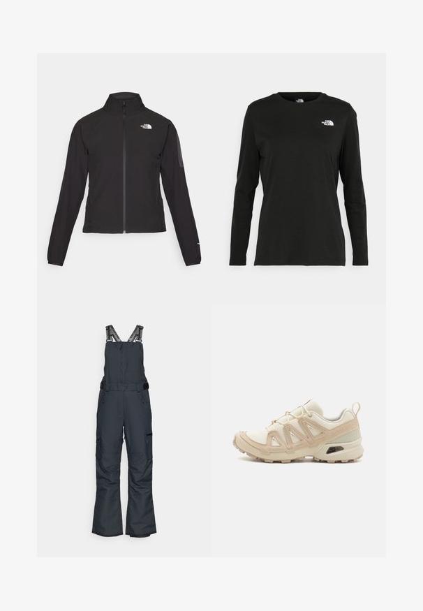 Casaco preto com fecho zip e gola alta, em tecido texturizado, com logo no lado esquerdo do peito. Apresenta mangas longas e um design ajustado.; T-shirt preto de mangas longas, feito de algodão, com decote redondo. Apresenta um pequeno logótipo branco na área esquerda do peito. Design simples e ajuste confortável.; Macacão isolado de cor cinza escuro com alças ajustáveis, fecho frontal em zip, múltiplos bolsos e design de pernas largas para maior mobilidade.; Sapatilha atlética beige e creme com parte superior em malha texturizada, sobreposições de suporte e sola de borracha com um padrão de cravo para tração.