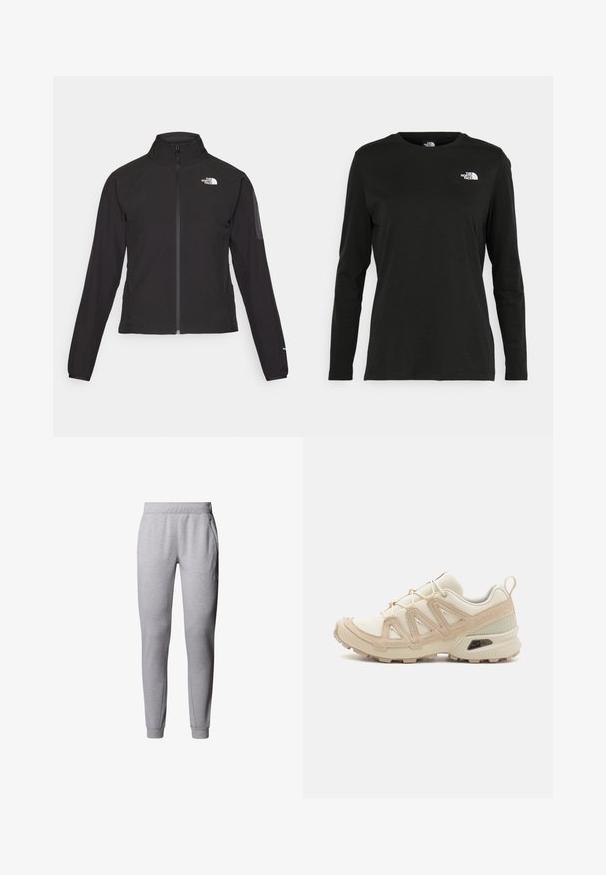 Chaqueta negra con cremallera y cuello alto, de tela texturizada, y logo en el lado izquierdo del pecho. Con mangas largas y un diseño ajustado.; Camiseta de manga larga negra de algodón con cuello redondo. Presenta un pequeño logotipo blanco en la parte izquierda del pecho. Diseño y ajuste simples.; Pantalones de chándal grises, ajustados y confeccionados en una suave mezcla de algodón, con cinturilla elástica, bolsillos laterales y puños ajustados en los tobillos.; Zapatilla deportiva beige y crema con parte superior de malla texturizada, superposiciones de soporte y suela de goma con un patrón de tracción.