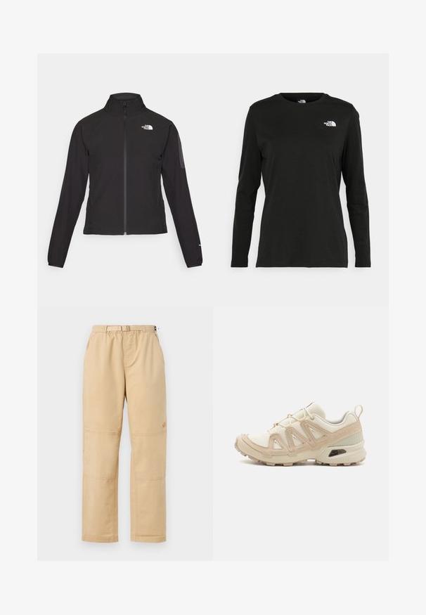 Zwarte zip-up jas met een hoge kraag, textuurstof en een logo op de linker borst. Beschikt over lange mouwen en een slim fit ontwerp.; Zwart langsluiting T-shirt van katoen met een ronde hals. Heeft een klein wit logo op de linkerkant van de borst. Eenvoudig ontwerp en pasvorm.; Beige katoenen broek met een ontspannen pasvorm, voorzien van een elastische tailleband, zijzakken en verstevigde stiksels bij de knieën voor duurzaamheid.; Beige en crème sportschoen met een textuur-mesh bovenwerk, ondersteunende overlays en een rubberen zool met een profielpatroon voor grip.