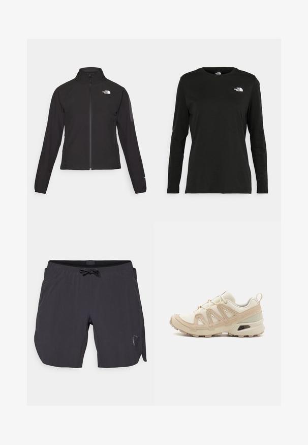 Jachetă neagră cu fermoar și guler înalt, din material texturat, cu logo pe partea stângă a pieptului. Prezintă mâneci lungi și un design ajustat.; Iarna neagră cu mânecă lungă, din bumbac, cu guler rotund. Prezintă un mic logo alb în zona pieptului stâng. Design simplu și croi lejer.; Costume de baie negre cu talie elastică și șnur, dotat cu buzunare laterale și un detaliu discret cu logo pe piciorul stâng.; Pantofii sport bej și crem au un superior din plasă texturată, suprapuneri de susținere și o talpă din cauciuc cu un model de profil pentru aderență.