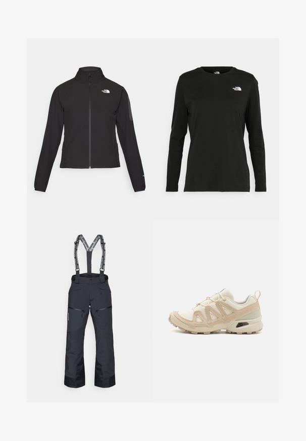 Čierna bunda na zips s vysokým golierom, textúrovanou tkaninou a logom na ľavej hrudi. Má dlhé rukávy a priliehavý strih.; Čierne tričko s dlhým rukávom vyrobené z bavlny s okrúhlym výstrihom. Obsahuje malé biele logo na ľavej strane hrudníka. Jednoduchý dizajn a strih.; Čierne lyžiarske nohavice s nastaviteľnými traky, zipsovými vreckami a textúrovanými panelmi. Obsahujú zosilnené manžety pre zvýšenú odolnosť.; Beige a krémová športová obuv s textúrovaným sieťovým zvrškom, podporujúcimi prekrytiami a gumovou podrážkou s dezénom pre trakciu.