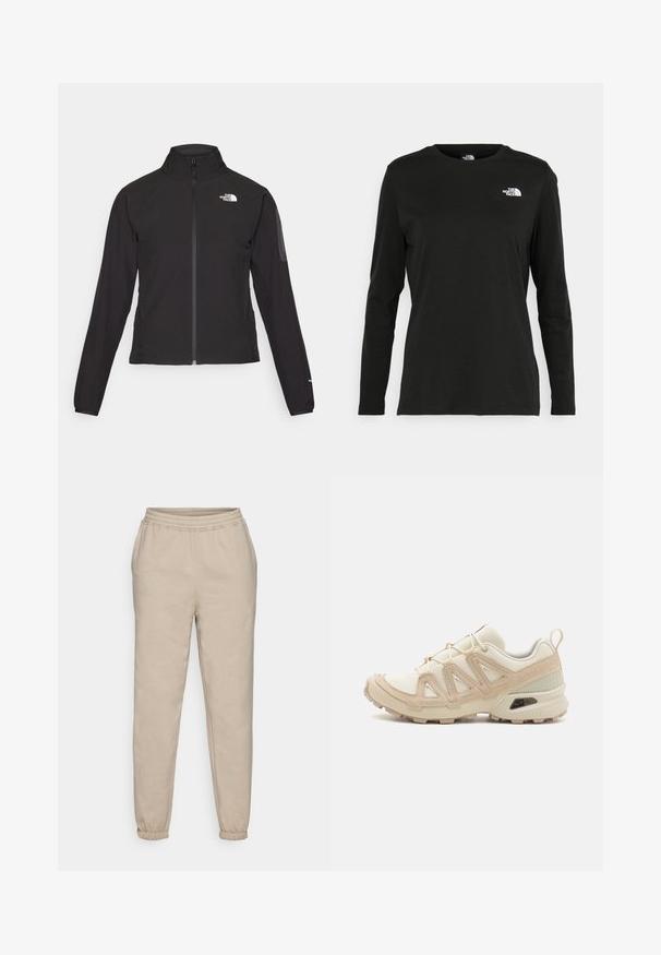 Svart zip-up jacka med hög krage, texturerat tyg och logotyp på vänster bröst. Har långa ärmar och en figursydd design.; Svart långärmad t-shirt i bomull med rund hals. Har en liten vit logotyp på vänster bröstområde. Enkelt design och passform.; Beige sweatpants tillverkade av mjukt bomullsblandat tyg. Har en elastisk midja och avsmalnande ärmslut för en avslappnad passform.; Beige och krämfärgad atletisk sko med texturerad meshovandel, stöttande överdrag och gummisulor med ett mönster för grepp.