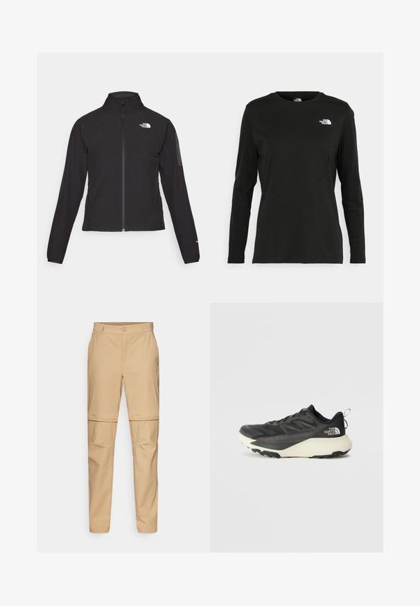 Mustmustabiga must jakk, millel on kõrge krae, tekstureeritud kangas ja logo vasakul rinnal. Omab pikki varrukaid ja sobivat disaini.; Must mustahiheline T-särk, millel on pikad varrukad, valmistatud puuvillast ja ümarast kaelusest. Vasakul rinnal on väike valge logo. Lihtne disain ja sobivus.; Beige lukuva taskupüksid, millel on lame esiosa, nupuga kinnitamine ja kitsenevad jalad. Valmistatud kergest kangast, millel on sile tekstuur.; Musty mustusjalats musta pealisega, millel on tekstuur, hallid aktsendid ja valge vaheosa. Sisaldab tõmbeosa ning silmapaistvat brändi logo kandadel.