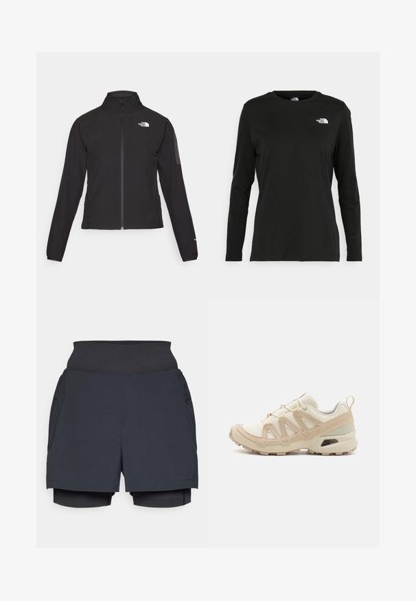 Schwarze Zip-Jacke mit hohem Kragen, strukturiertem Stoff und Logo auf der linken Brust. Verfügt über lange Ärmel und eine taillierte Passform.; Schwarzes Langarm-T-Shirt aus Baumwolle mit Rundhalsausschnitt. Verfügt über ein kleines weißes Logo auf der linken Brustseite. Einfaches Design und Passform.; Schwarze Sportshorts mit breitem Bund, ausgestattet mit einem mehrschichtigen Design und Innenshorts. Glatte Textur und leichtes Material.; Beige und cremefarbenen Sportschuh mit strukturiertem Mesh-Obermaterial, unterstützenden Überzügen und Gummisohle mit einem Profilmuster für Bodenhaftung.