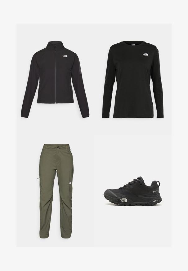 Fekete, cipzáros dzseki magas gallérral, texturált anyagból, bal mellen logóval. Hosszú ujjak és testhezálló fazon jellemzi.; Fekete, hosszú ujjú póló pamutból, kerek nyakkal. A bal mellrészen egy kis fehér logó található. Egyszerű dizájn és szabás.; The North Face EXPLORATION PANTS - Szabadtéri nadrágok - new taupe green; Fekete túrázó cipő texturált felsőrésszel, fűzős záródással és vastag gumitalppal, mely oldalán egy kiemelkedő logó és mintázott talpkialakítás található.