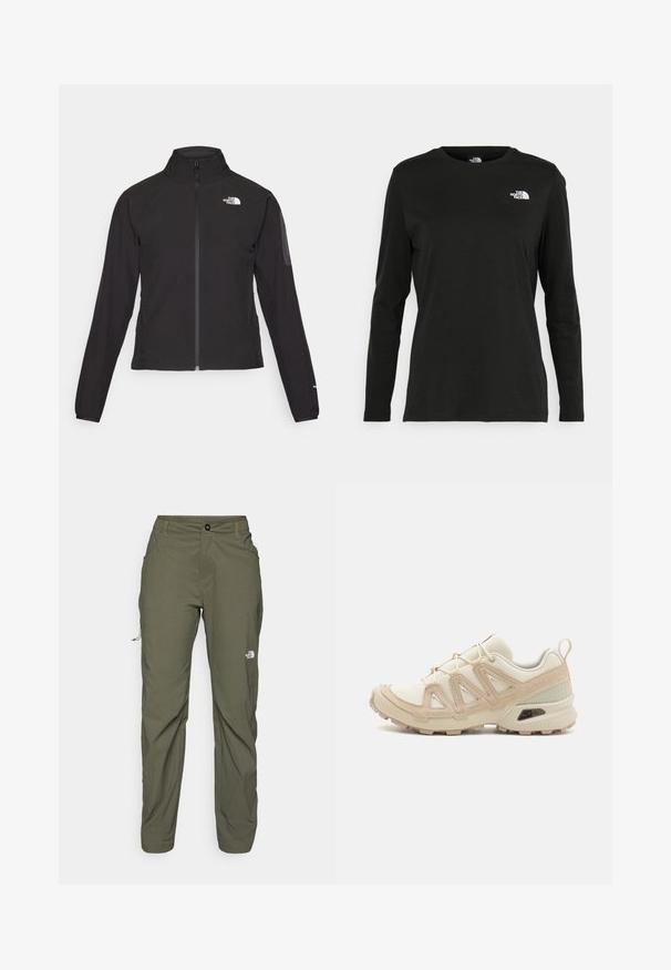 Casaco preto com fecho zip e gola alta, em tecido texturizado, com logo no lado esquerdo do peito. Apresenta mangas longas e um design ajustado.; T-shirt preto de mangas longas, feito de algodão, com decote redondo. Apresenta um pequeno logótipo branco na área esquerda do peito. Design simples e ajuste confortável.; The North Face EXPLORATION PANTS - Calças para exterior - new taupe green; Sapatilha atlética beige e creme com parte superior em malha texturizada, sobreposições de suporte e sola de borracha com um padrão de cravo para tração.
