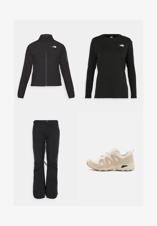Mustat vetoketjullinen takki, jossa on korkea kaulus, teksturoitu kangas ja logo vasemmassa rinnassa. Ominaisuuksiin kuuluvat pitkät hihat ja slim fit -muotoilu.; Musta pitkähihaisen t-paita, joka on valmistettu puuvillasta ja jossa on pyöreä kaula-aukko. Vasemmassa rinnassa on pieni valkoinen logo. Yksinkertainen muotoilu ja istuvuus.; Mustat hiihtohousut, jotka on valmistettu kestävästä materiaalista, suoran lahkeen muotoilu, kaksi sivutaskua ja säädettävät lahkeensuut naruilla.; Beige ja kreemi värvi sportlikud jalanõud, millel on tekstiilne mesh ülemine osa, toetavad ülekatted ja kummist tald, millel on mustripattern haardeks.