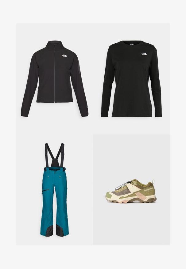 Casaco preto com fecho zip e gola alta, em tecido texturizado, com logo no lado esquerdo do peito. Apresenta mangas longas e um design ajustado.; T-shirt preto de mangas longas, feito de algodão, com decote redondo. Apresenta um pequeno logótipo branco na área esquerda do peito. Design simples e ajuste confortável.; Calças de ski em verde-água com suspensórios pretos ajustáveis, bolsos com fechos de correr e tecido preto reforçado nas bainhas para maior durabilidade.; Sapatilha de caminhada Salomon em verde oliva e creme, com um interior de tecido texturizado, biqueira reforçada, sistema de atacadores rápido e sola de borracha resistente.
