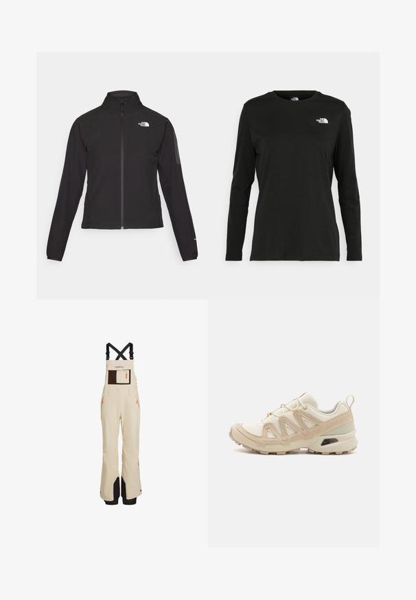 Black zip-up jacket with a high collar, textured fabric, and logo on the left chest. Features long sleeves and a fitted design.; Black long-sleeve t-shirt made of cotton with a round neck. Features a small white logo on the left chest area. Simple design and fit.; Beige snow pants with adjustable black straps, featuring a large brown chest pocket, zippered side pockets, and black lower accents.; Beige and cream athletic shoe with textured mesh upper, supportive overlays, and rubber outsole featuring a tread pattern for traction.