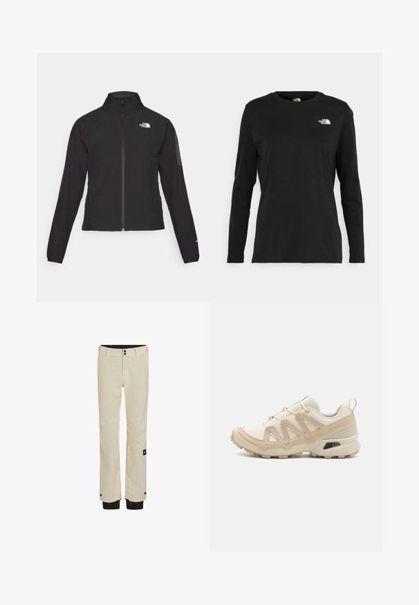 Melna ar rāvējslēdzēju aizdara jaka ar augstu apkakli, teksturētu audumu un logotipu kreisajā krūtī. Satur garas piedurknes un pieguļošu dizainu.; Melnas garām piedurknēm T-krekls, izgatavots no kokvilnas ar apaļu kaklu. Tam ir mazs balts logo kreisajā krūtīs. Vienkāršs dizains un piegulums.; Bēša slēpošanas bikses ar viegli pamanāmu faktūras rakstu, ar rāvējslēdzēju aprocēm un melniem akcentiem apakšmalā. Izstrādātas ar divām pogām jostasvietā.; Beige un krēma sporta apavi ar strukturētu tīkla virsmu, atbalstošajiem slāņiem un gumijas zoli ar protektoru rakstu, kas nodrošina saķeri.