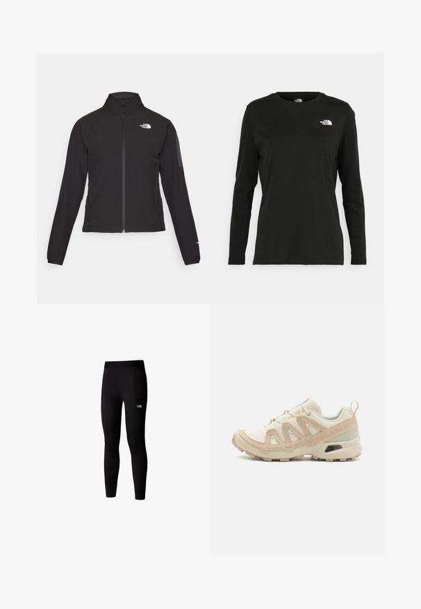Svart zip-up jakke med høy krage, teksturert stoff, og logo på venstre bryst. Har lange ermer og en tettsittende design.; Svart langermet T-skjorte laget av bomull med rund hals. Har en liten hvit logo på venstre brystområde. Enkelt design og passform.; Sorte treningsleggings laget av elastisk stoff, med en bred livlinje og sidelommer. Enkelt design uten mønstre eller aksenter.; Beige og krem joggesko med teksturert mesh-overdel, støttende overlegg og gummisåle med et mønster for godt grep.