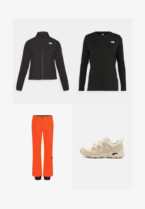 Čierna bunda na zips s vysokým golierom, textúrovanou tkaninou a logom na ľavej hrudi. Má dlhé rukávy a priliehavý strih.; Čierne tričko s dlhým rukávom vyrobené z bavlny s okrúhlym výstrihom. Obsahuje malé biele logo na ľavej strane hrudníka. Jednoduchý dizajn a strih.; Oranžové nepremokavé nohavice s voľným strihom, vybavené čiernym pásom, zacvakávacím uzáverom a hnedými detailmi na leme, navrhnuté pre vonkajšie aktivity.; Beige a krémová športová obuv s textúrovaným sieťovým zvrškom, podporujúcimi prekrytiami a gumovou podrážkou s dezénom pre trakciu.