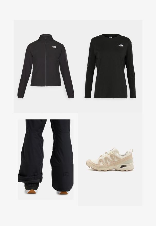 Czarna kurtka zapinana na zamek z wysokim kołnierzem, teksturowana tkanina i logo na lewej piersi. Posiada długie rękawy i dopasowany krój.; Czarna koszulka z długim rękawem z bawełny z okrągłym dekoltem. Posiada niewielkie białe logo po lewej stronie na piersi. Prosty design i fason.; Czarne spodnie narciarskie z wypełnieniem w dolnej części, regulowanymi mankietami i eleganckim, matowym wykończeniem; odpowiednie do sportów zimowych.; Beżowe i kremowe buty sportowe z teksturowanej siateczki, wspierającymi nakładkami oraz gumową podeszwą z wzorem bieżnika zapewniającym przyczepność.