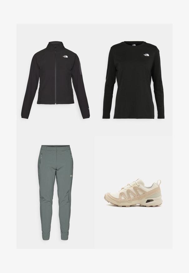 Casaco preto com fecho zip e gola alta, em tecido texturizado, com logo no lado esquerdo do peito. Apresenta mangas longas e um design ajustado.; T-shirt preto de mangas longas, feito de algodão, com decote redondo. Apresenta um pequeno logótipo branco na área esquerda do peito. Design simples e ajuste confortável.; Calças exteriores cinzentas feitas de material leve e durável. Possuem bolsos laterais com fecho e um design ajustado com pernas estreitas.; Sapatilha atlética beige e creme com parte superior em malha texturizada, sobreposições de suporte e sola de borracha com um padrão de cravo para tração.