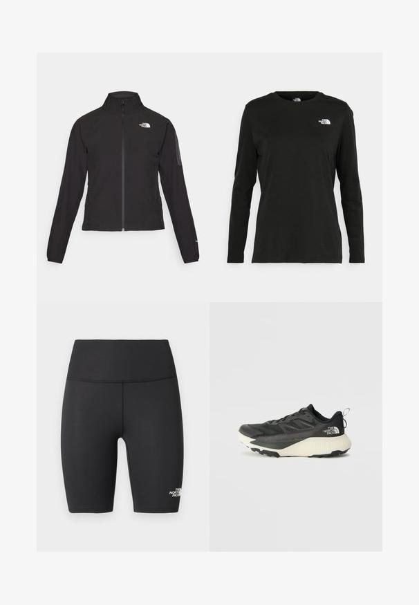 Svart zip-up jacka med hög krage, texturerat tyg och logotyp på vänster bröst. Har långa ärmar och en figursydd design.; Svart långärmad t-shirt i bomull med rund hals. Har en liten vit logotyp på vänster bröstområde. Enkelt design och passform.; Svarta högmidjade atletiska cykelshorts med släta sömmar och The North Face-logotyp på nedre vänstra benet.; Svart atletisk sko med en texturerad ovandel, med grå accenter och en vit mellanläggssula. Inkluderar en dragtab och en framträdande varumärkeslogotyp på hälen.