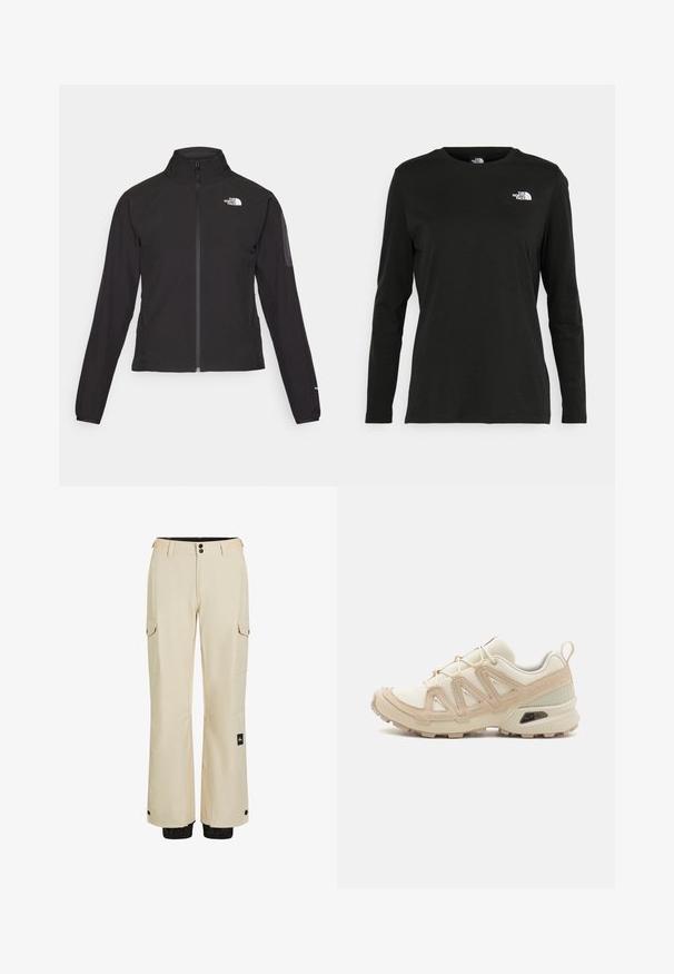 Schwarze Zip-Jacke mit hohem Kragen, strukturiertem Stoff und Logo auf der linken Brust. Verfügt über lange Ärmel und eine taillierte Passform.; Schwarzes Langarm-T-Shirt aus Baumwolle mit Rundhalsausschnitt. Verfügt über ein kleines weißes Logo auf der linken Brustseite. Einfaches Design und Passform.; Beige Cargo-Hosen mit geradem Schnitt, zwei seitlichen Taschen und einem schwarzen Akzent am Saum. Hergestellt aus leichtem Stoff mit glatter Textur.; Beige und cremefarbenen Sportschuh mit strukturiertem Mesh-Obermaterial, unterstützenden Überzügen und Gummisohle mit einem Profilmuster für Bodenhaftung.
