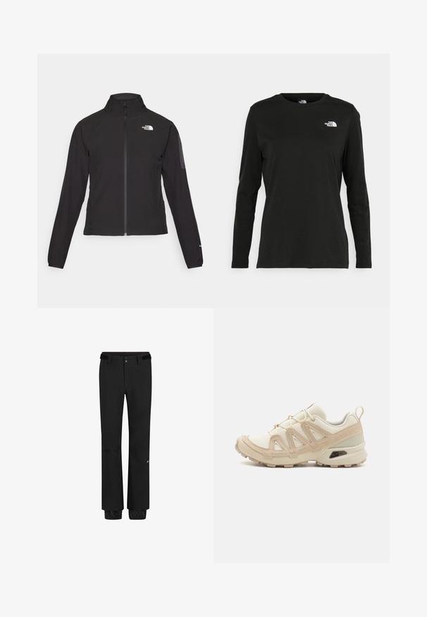 Black zip-up jacket with a high collar, textured fabric, and logo on the left chest. Features long sleeves and a fitted design.; Black long-sleeve t-shirt made of cotton with a round neck. Features a small white logo on the left chest area. Simple design and fit.; Black outdoor pants feature a standard waistband with a belt, snap closure, elastic cuffs, and a logo on the lower leg. Lightweight, durable fabric.; Beige and cream athletic shoe with textured mesh upper, supportive overlays, and rubber outsole featuring a tread pattern for traction.