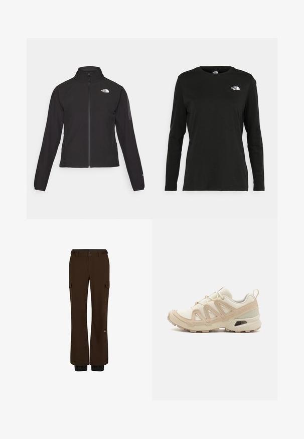 Zwarte zip-up jas met een hoge kraag, textuurstof en een logo op de linker borst. Beschikt over lange mouwen en een slim fit ontwerp.; Zwart langsluiting T-shirt van katoen met een ronde hals. Heeft een klein wit logo op de linkerkant van de borst. Eenvoudig ontwerp en pasvorm.; Bruine cargobroek van duurzaam materiaal, met meerdere zakken, een knoopsluiting en elastische boorden bij de enkels.; Beige en crème sportschoen met een textuur-mesh bovenwerk, ondersteunende overlays en een rubberen zool met een profielpatroon voor grip.