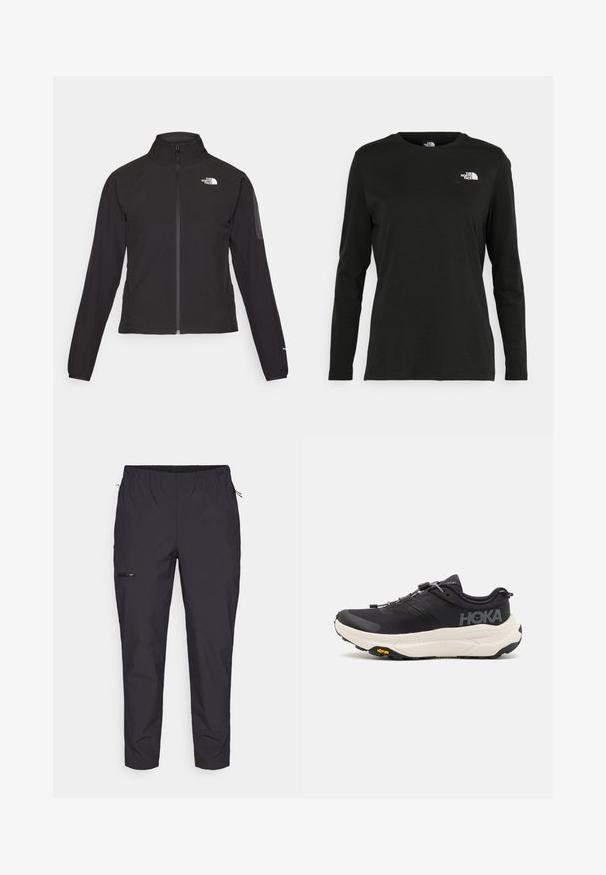 Svart zip-up jacka med hög krage, texturerat tyg och logotyp på vänster bröst. Har långa ärmar och en figursydd design.; Svart långärmad t-shirt i bomull med rund hals. Har en liten vit logotyp på vänster bröstområde. Enkelt design och passform.; Jack Wolfskin PRELIGHT TRAIL - Friluftsbyxor - black; Svarta atletiska skor med en ventilerande meshovandel, gummisula, vit dämpande mellansula och reflexsnörning. Vibram-logotyp på sulan.