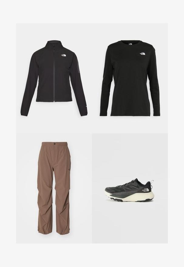 Casaco preto com fecho zip e gola alta, em tecido texturizado, com logo no lado esquerdo do peito. Apresenta mangas longas e um design ajustado.; T-shirt preto de mangas longas, feito de algodão, com decote redondo. Apresenta um pequeno logótipo branco na área esquerda do peito. Design simples e ajuste confortável.; The North Face PANT - Calças - smokey brown; Shoe atlético preto com um cabedal texturizado, apresentando detalhes em cinza e uma entressola branca. Inclui uma alça e um logótipo da marca em destaque no calcanhar.