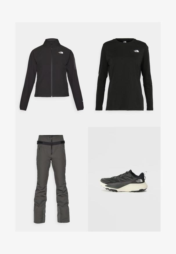 Black zip-up jacket with a high collar, textured fabric, and logo on the left chest. Features long sleeves and a fitted design.; Black long-sleeve t-shirt made of cotton with a round neck. Features a small white logo on the left chest area. Simple design and fit.; Bogner Fire + Ice BORJA4 - Ski pants - dark green; Black athletic shoe with a textured upper, featuring gray accents and a white midsole. Includes a pull tab and prominent brand logo on the heel.