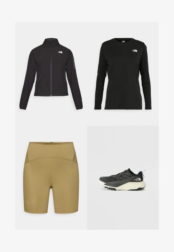 Black zip-up jacket with a high collar, textured fabric, and logo on the left chest. Features long sleeves and a fitted design.; Black long-sleeve t-shirt made of cotton with a round neck. Features a small white logo on the left chest area. Simple design and fit.; High-waisted shorts in a light olive green, made from stretchy fabric. Features flat seams and a smooth texture without pockets.; Black athletic shoe with a textured upper, featuring gray accents and a white midsole. Includes a pull tab and prominent brand logo on the heel.