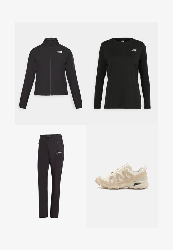 Svart zip-up jakke med høy krage, teksturert stoff, og logo på venstre bryst. Har lange ermer og en tettsittende design.; Svart langermet T-skjorte laget av bomull med rund hals. Har en liten hvit logo på venstre brystområde. Enkelt design og passform.; Sorte tursbukser med belte, glidelåslommer og logo. Laget av lett, elastisk stoff for enkel bevegelse.; Beige og krem joggesko med teksturert mesh-overdel, støttende overlegg og gummisåle med et mønster for godt grep.