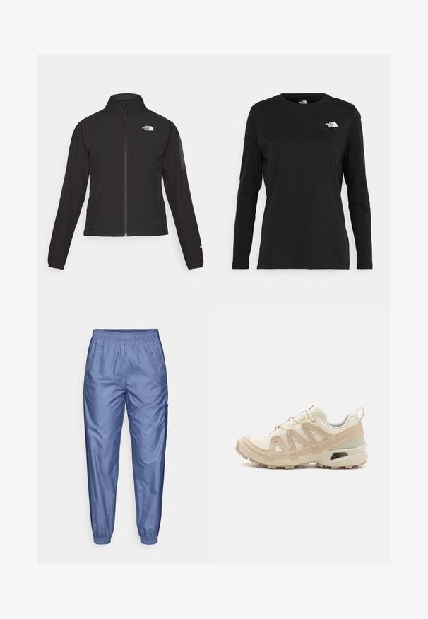 Jachetă neagră cu fermoar și guler înalt, din material texturat, cu logo pe partea stângă a pieptului. Prezintă mâneci lungi și un design ajustat.; Iarna neagră cu mânecă lungă, din bumbac, cu guler rotund. Prezintă un mic logo alb în zona pieptului stâng. Design simplu și croi lejer.; Pantaloni atletici de culoare albastră deschisă, lucioși, cu un elastic la talie, picioare conice și buzunare laterale tip cargo; fabricați dintr-un material neted și ușor.; Pantofii sport bej și crem au un superior din plasă texturată, suprapuneri de susținere și o talpă din cauciuc cu un model de profil pentru aderență.