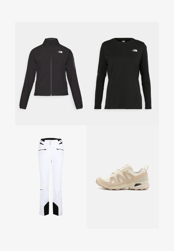 Schwarze Zip-Jacke mit hohem Kragen, strukturiertem Stoff und Logo auf der linken Brust. Verfügt über lange Ärmel und eine taillierte Passform.; Schwarzes Langarm-T-Shirt aus Baumwolle mit Rundhalsausschnitt. Verfügt über ein kleines weißes Logo auf der linken Brustseite. Einfaches Design und Passform.; Weiße Skihosen mit schwarzen Akzenten, hoher Taille, Reißverschlusstaschen, Knopfverschluss und glatter Textur. Markenlogo nahe dem Saum.; Beige und cremefarbenen Sportschuh mit strukturiertem Mesh-Obermaterial, unterstützenden Überzügen und Gummisohle mit einem Profilmuster für Bodenhaftung.