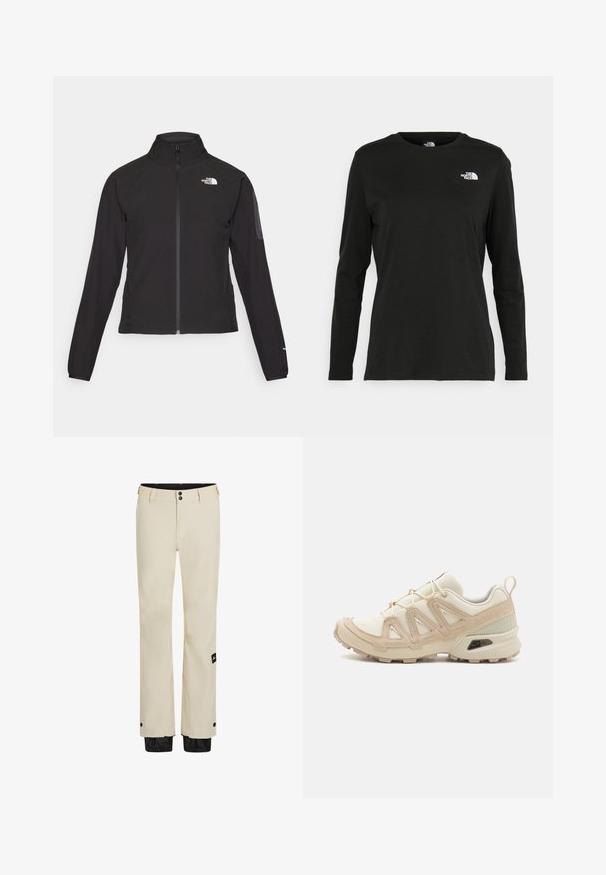 Schwarze Zip-Jacke mit hohem Kragen, strukturiertem Stoff und Logo auf der linken Brust. Verfügt über lange Ärmel und eine taillierte Passform.; Schwarzes Langarm-T-Shirt aus Baumwolle mit Rundhalsausschnitt. Verfügt über ein kleines weißes Logo auf der linken Brustseite. Einfaches Design und Passform.; Beige wetterfeste Hose mit zwei Knopfverschlüssen, einem Reißverschluss und einem verstellbaren schwarzen Saum. Mit einem Logosticker am linken Bein.; Beige und cremefarbenen Sportschuh mit strukturiertem Mesh-Obermaterial, unterstützenden Überzügen und Gummisohle mit einem Profilmuster für Bodenhaftung.