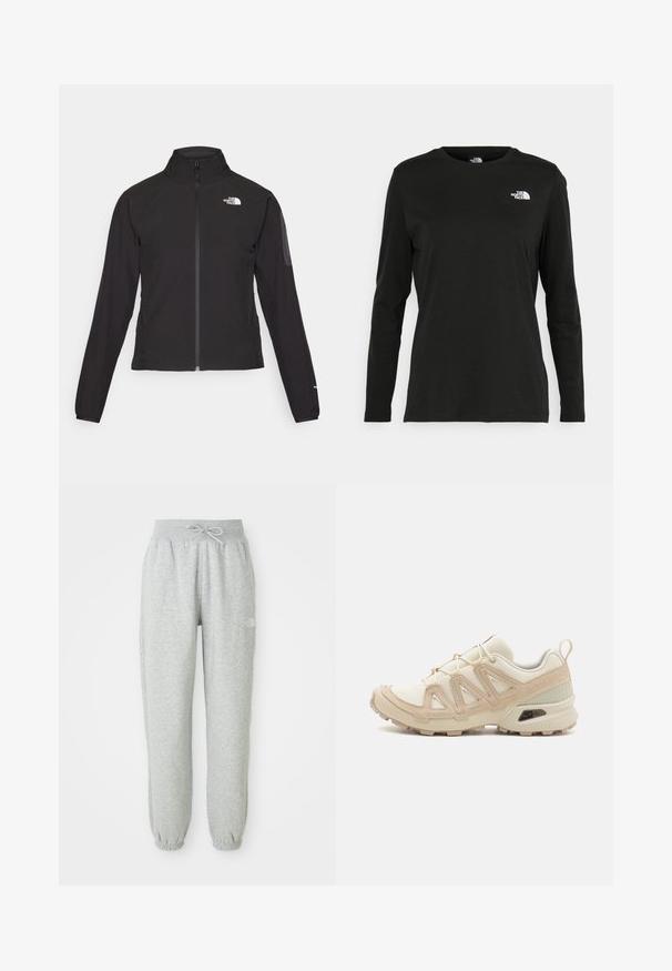 Juodas zip-up švarkas su aukšta apykakle, tekstūruotu audiniu ir logotipu kairėje krūtinės pusėje. Pasižymi ilgu rankovėmis ir prigludusia forma.; Juodas ilgomis rankovėmis medvilninis marškinėliai su apvali apykakle. Savybė - mažas baltas logotipas kairėje krūtinės pusėje. Paprastas dizainas ir pritaikymas.; Sidabrinės sportinės kelnės su elastine juostos juosta ir raišteliu. Audinys yra minkštas, su elastinėmis apykaklėmis ties kulkšnimis ir logotipo akcentu.; Bežinės ir kreminės spalvos sportinės bateliai su tekstūruoto tinklelio viršutine dalimi, palaikančiomis detalėmis ir guminiais padais, turinčiais raštą, užtikrinantį sukibimą.