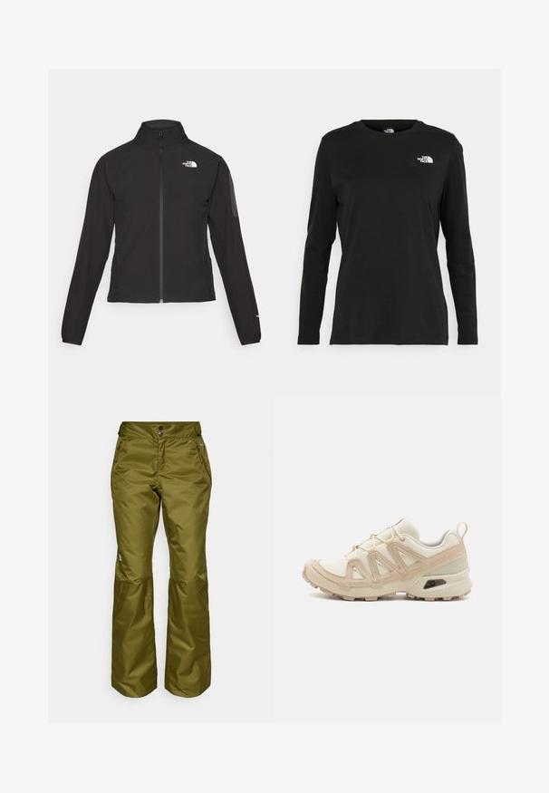 Črna zip-up jakna z visokim ovratnikom, teksturirano blago in logotipom na levem prsnem delu. Ima dolge rokave in prilega se.; Črna majica z dolgimi rokavi iz bombaža z okroglo izrezom. Ima majhen bel logotip na levem prsnem delu. Enostaven dizajn in prileganje.; Olive zelene nepremočljive hlače, izdelane iz sijočega najlona, z ravnim krojem, dvema stranskima žepoma na zadrgo in gumbom za zapiranje v pasu.; Bež in krem športni čevlji z teksturiranim mrežastim zgornjim delom, podpornimi prekrivali in gumijastim podplatom z vzorcem za oprijem.