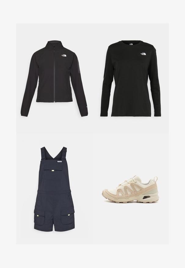 Juodas zip-up švarkas su aukšta apykakle, tekstūruotu audiniu ir logotipu kairėje krūtinės pusėje. Pasižymi ilgu rankovėmis ir prigludusia forma.; Juodas ilgomis rankovėmis medvilninis marškinėliai su apvali apykakle. Savybė - mažas baltas logotipas kairėje krūtinės pusėje. Paprastas dizainas ir pritaikymas.; Columbia PFG OPEN WATER™ OVERALL - Lauko šortai - black; Bežinės ir kreminės spalvos sportinės bateliai su tekstūruoto tinklelio viršutine dalimi, palaikančiomis detalėmis ir guminiais padais, turinčiais raštą, užtikrinantį sukibimą.