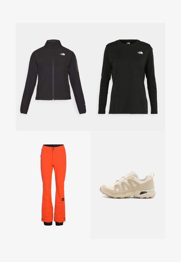 Zwarte zip-up jas met een hoge kraag, textuurstof en een logo op de linker borst. Beschikt over lange mouwen en een slim fit ontwerp.; Zwart langsluiting T-shirt van katoen met een ronde hals. Heeft een klein wit logo op de linkerkant van de borst. Eenvoudig ontwerp en pasvorm.; Heldere oranje skibroek met een slim fit, voorzien van een ritssluitingzak, versterkte manchetten en verstelbare tailleknopen. Zwarte binnenvoering.; Beige en crème sportschoen met een textuur-mesh bovenwerk, ondersteunende overlays en een rubberen zool met een profielpatroon voor grip.
