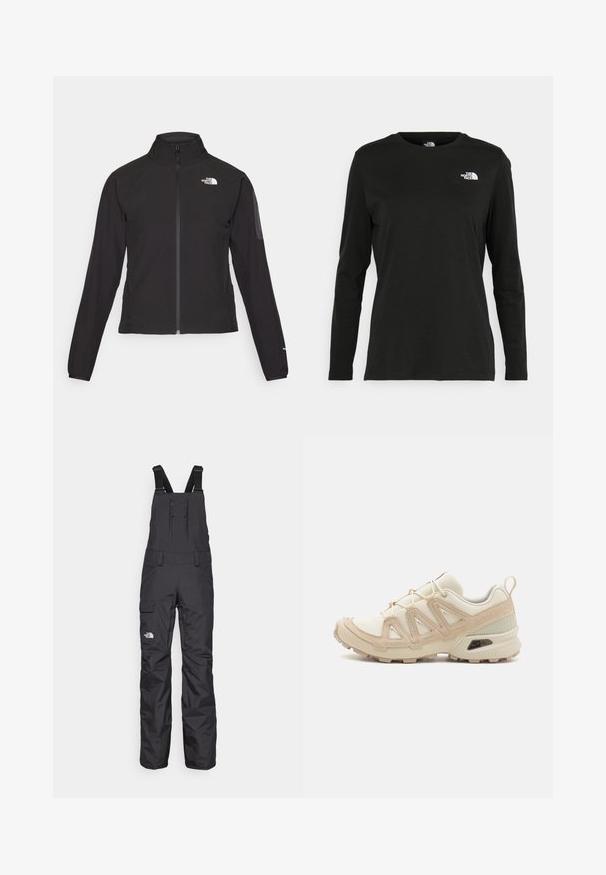 Mustmustabiga must jakk, millel on kõrge krae, tekstureeritud kangas ja logo vasakul rinnal. Omab pikki varrukaid ja sobivat disaini.; Must mustahiheline T-särk, millel on pikad varrukad, valmistatud puuvillast ja ümarast kaelusest. Vasakul rinnal on väike valge logo. Lihtne disain ja sobivus.; Mustad must välja kaareline mustad veekindlad juhikastmed, mis on valmistatud vastupidavast kangast, millel on reguleeritavad rihmad, lukuga taskud ja peen logo ees.; Beež ja koobalti spordijalats tekstureeritud võrkkattega, toetavad ülemised kihid ja kummist tallaga, millel on mustriga joonistus haardeks.