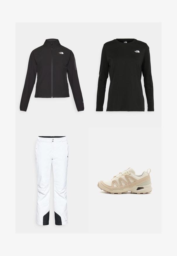 Czarna kurtka zapinana na zamek z wysokim kołnierzem, teksturowana tkanina i logo na lewej piersi. Posiada długie rękawy i dopasowany krój.; Czarna koszulka z długim rękawem z bawełny z okrągłym dekoltem. Posiada niewielkie białe logo po lewej stronie na piersi. Prosty design i fason.; Białe spodnie narciarskie o eleganckim fasonie, z dwiema przednimi kieszeniami, wzmocnionymi czarnymi panelami dolnymi oraz zapięciem na guzik w pasie.; Beżowe i kremowe buty sportowe z teksturowanej siateczki, wspierającymi nakładkami oraz gumową podeszwą z wzorem bieżnika zapewniającym przyczepność.