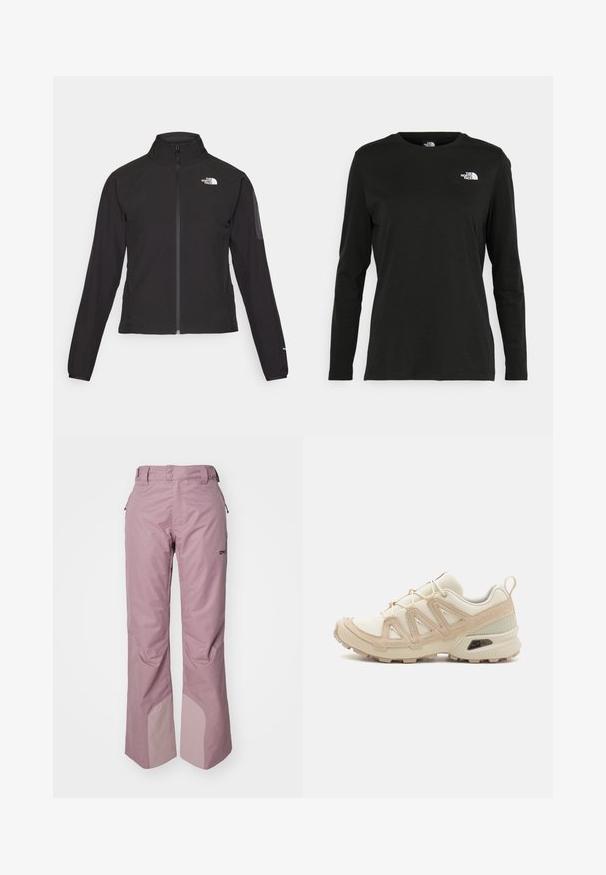 Crna jakna na zip s visokim ovratnikom, teksturirana tkanina i logotip na lijevoj strani prsiju. Ima duge rukave i uski kroj.; Crni dugih rukava majica od pamuka s okruglim izrezom. Ima mali bijeli logo na lijevoj strani prsnog područja. Jednostavan dizajn i kroj.; Oakley JASMINE INSULATED PANT - Snowboard hlače - toadstool; Bež i kremasti sportski tenisice s teksturiranim mrežastim gornjim dijelom, potpornih preklopa i gumeni potplat s uzorcima za prianjanje.