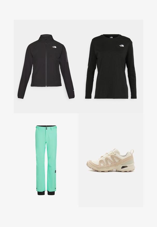 Czarna kurtka zapinana na zamek z wysokim kołnierzem, teksturowana tkanina i logo na lewej piersi. Posiada długie rękawy i dopasowany krój.; Czarna koszulka z długim rękawem z bawełny z okrągłym dekoltem. Posiada niewielkie białe logo po lewej stronie na piersi. Prosty design i fason.; Miętowe spodnie narciarskie o eleganckim designie, z czarnym paskiem w talii, dwoma guzikami i czarnymi akcentami przy mankietach dla lepszej regulacji.; Beżowe i kremowe buty sportowe z teksturowanej siateczki, wspierającymi nakładkami oraz gumową podeszwą z wzorem bieżnika zapewniającym przyczepność.