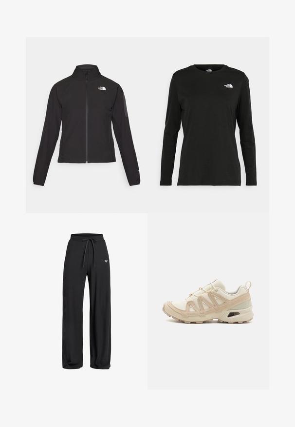 Sort zip-jacket med høj krave, struktureret stof og logo på venstre bryst. Har lange ærmer og en tætsiddende design.; Sort langærmet t-shirt lavet af bomuld med rund hals. Har et lille hvidt logo på venstre brystområde. Enkel design og pasform.; Sorte ribbede brede bukser med elastisk liv og snor, der har en lille logo-detail foran. Glat tekstur.; Beige og creme atletiksko med struktureret mesh-overdel, støttende overlays og gummiyderside med et mønster for trækkraft.