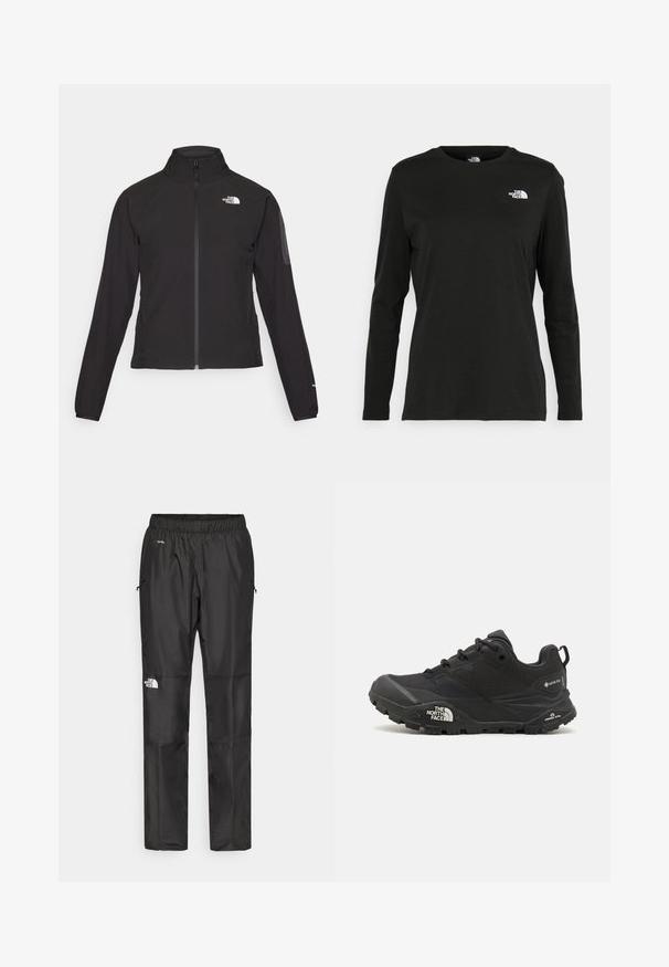 Juodas zip-up švarkas su aukšta apykakle, tekstūruotu audiniu ir logotipu kairėje krūtinės pusėje. Pasižymi ilgu rankovėmis ir prigludusia forma.; Juodas ilgomis rankovėmis medvilninis marškinėliai su apvali apykakle. Savybė - mažas baltas logotipas kairėje krūtinės pusėje. Paprastas dizainas ir pritaikymas.; Juodi nepralaidūs vandeniui kelnių, pagamintų iš lengvos medžiagos, su elastingu juosmeniu, šoninėmis kišenėmis ir logotipu kairiajame šone.; Juodas žygio batelis su tekstūruotu viršumi, su raištelių uždarymu ir storu guminiu padu, ant šono išryškintas logotipas ir raštiškai išpjauti modeliai.